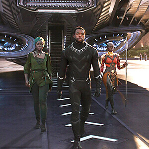 Black Panther, Nakia and Okoye emerge from their ship